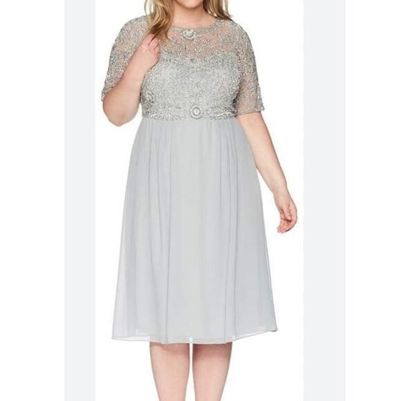 Adrinna Papell Womens Evening Tea Length Gown Silver Plus 24W - Picture 1 of 7